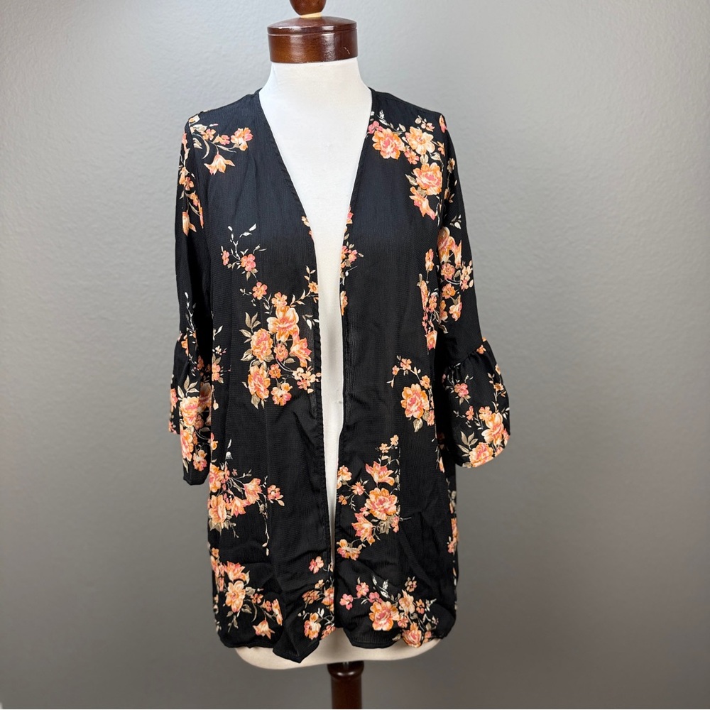 Gypsies & Moondust floral open duster Cardigan Sz L Bohemian Chic